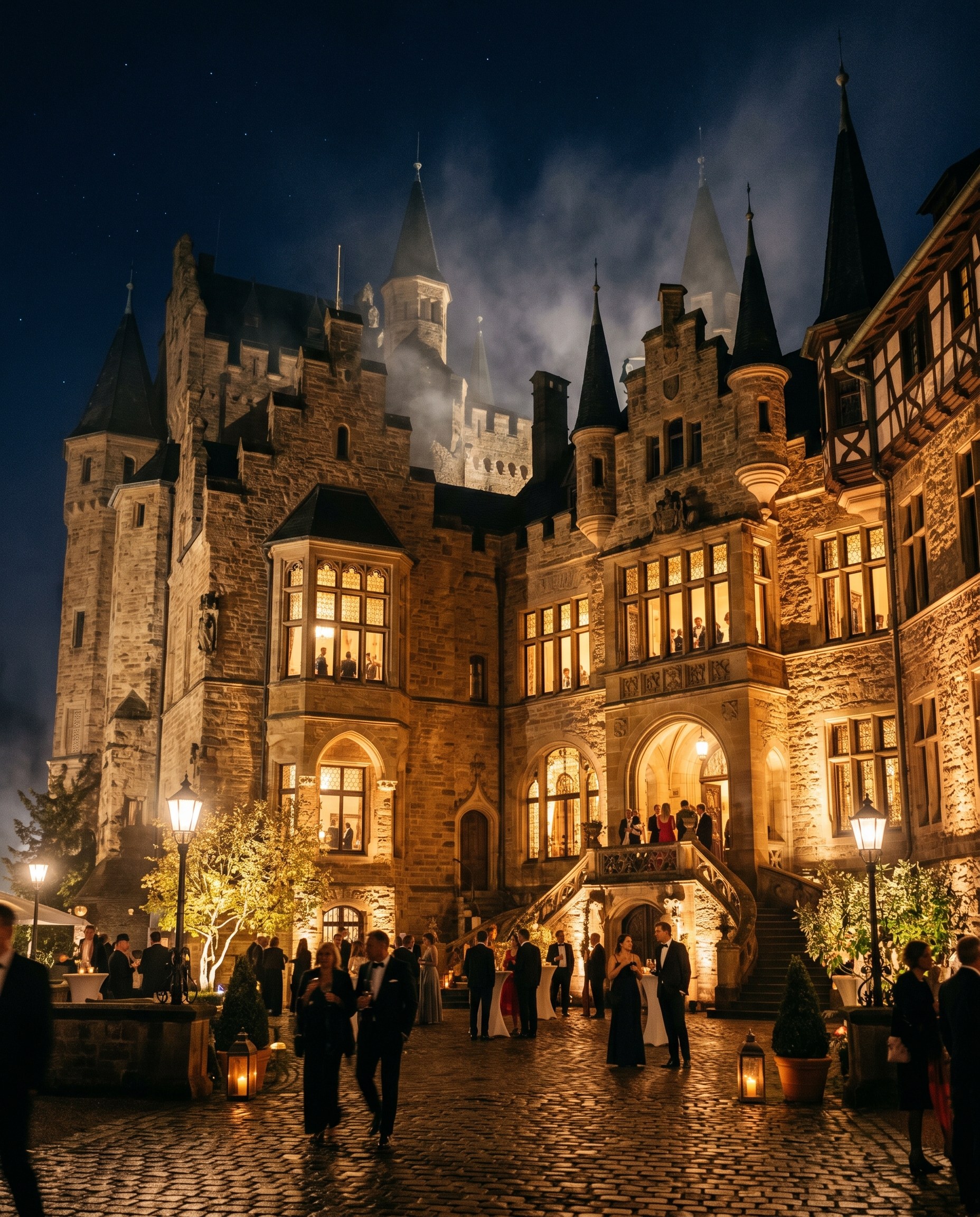 Editorial portrait photograph of a German castle illuminated at night, cinematic atmosphere, low-key lighting, premium event photography