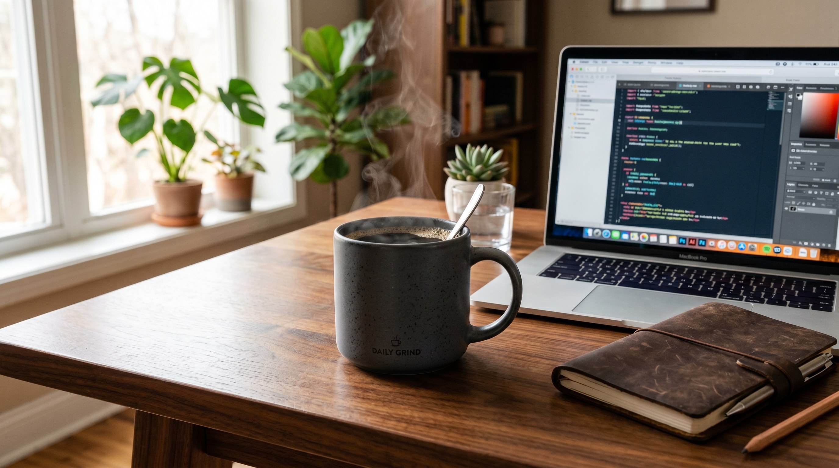 Professional product photography of a premium ceramic coffee mug with steaming hot coffee, on a polished walnut desk next to an open laptop and leather notebook, soft window light from the left, hyper-realistic textures, advertising photography style