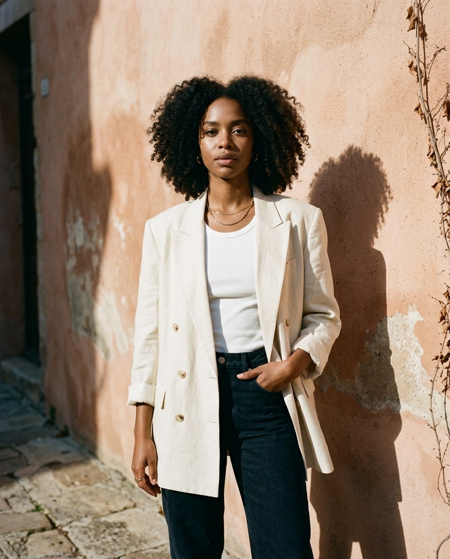 Editorial fashion portrait: young woman with curly hair wearing oversized cream blazer, standing against pale terracotta wall, harsh shadow from afternoon sun, fashion magazine aesthetic, hyper-realistic skin texture