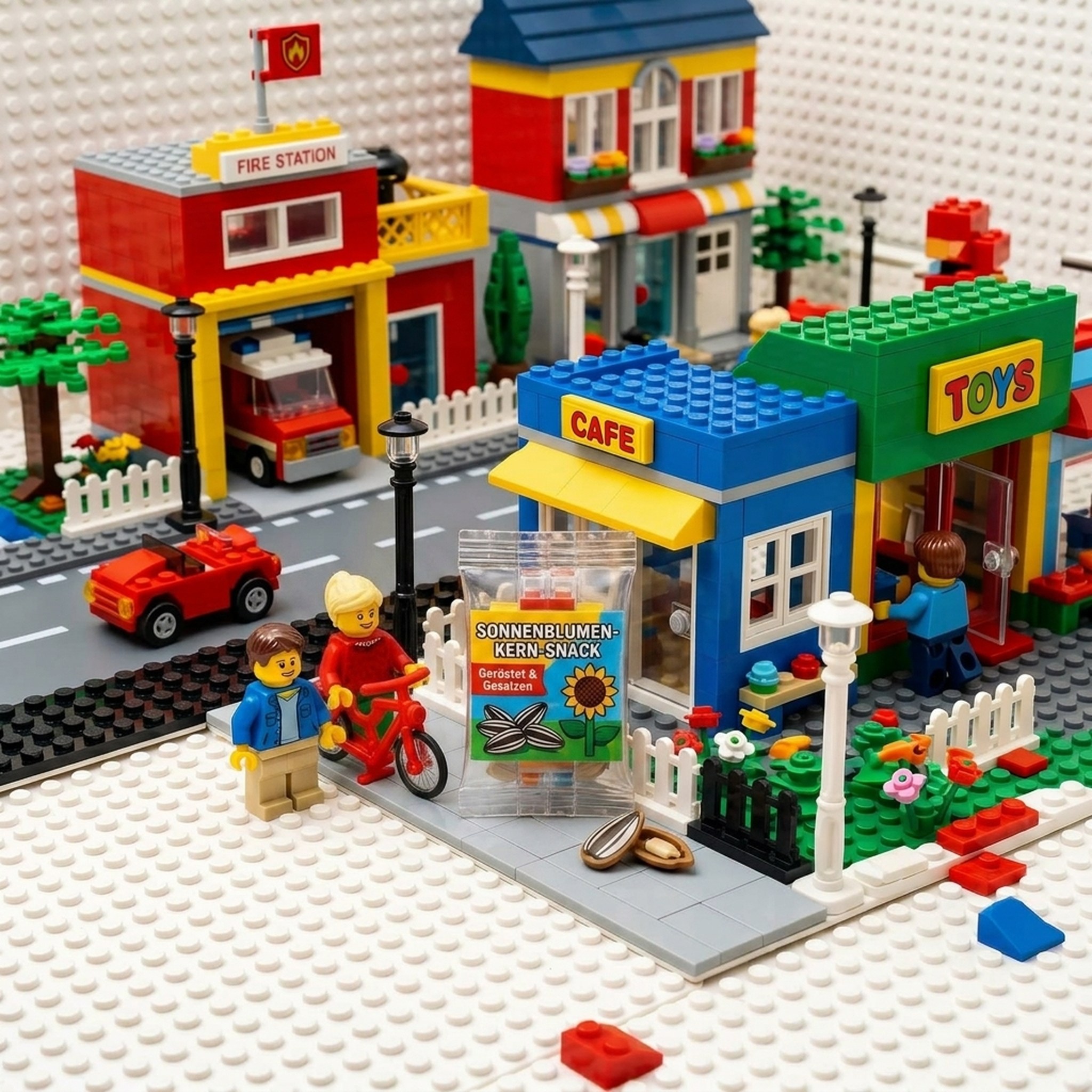 lego brick style, plastic studded surfaces, miniature scale, toy photography — a colorful lego city scene with fire station, café, toy shop and small figurines