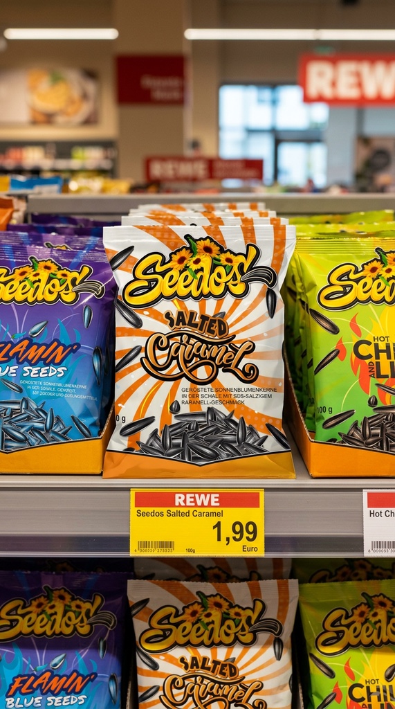 Nano Banana 2 sample image: Realistic German supermarket shelf product photograph: Seedos Salted Caramel sunflower seeds packaging in the center, flanked by Flamin Blue Seeds and Hot Chili variants, REWE price tag (1,99 €) below, sharp focus on packaging, background slightly blurred showing store interior, commercial product photography style