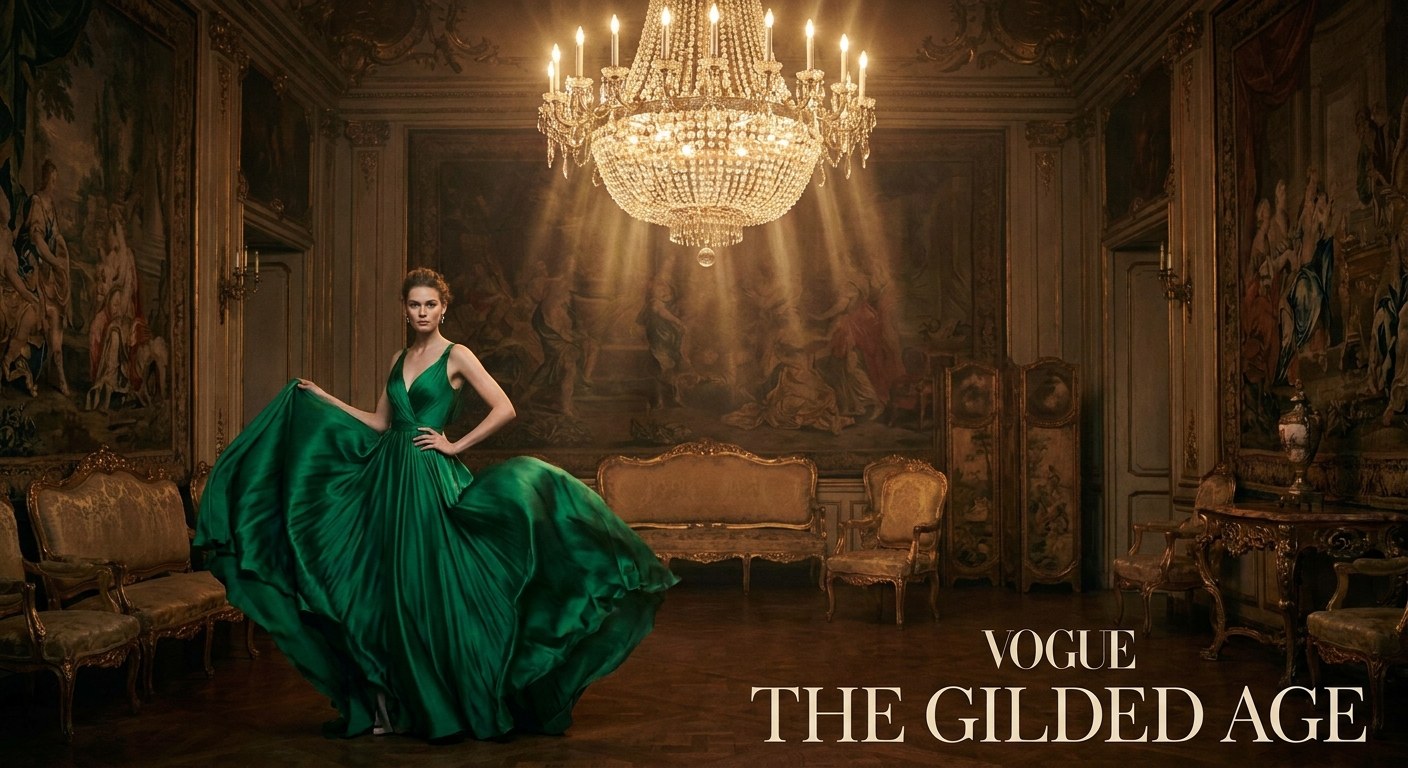 High-fashion editorial: model in flowing silk emerald dress in opulent gilded interior with dramatic chandelier, low cinematic light, painterly atmosphere, Vogue editorial style, photorealistic