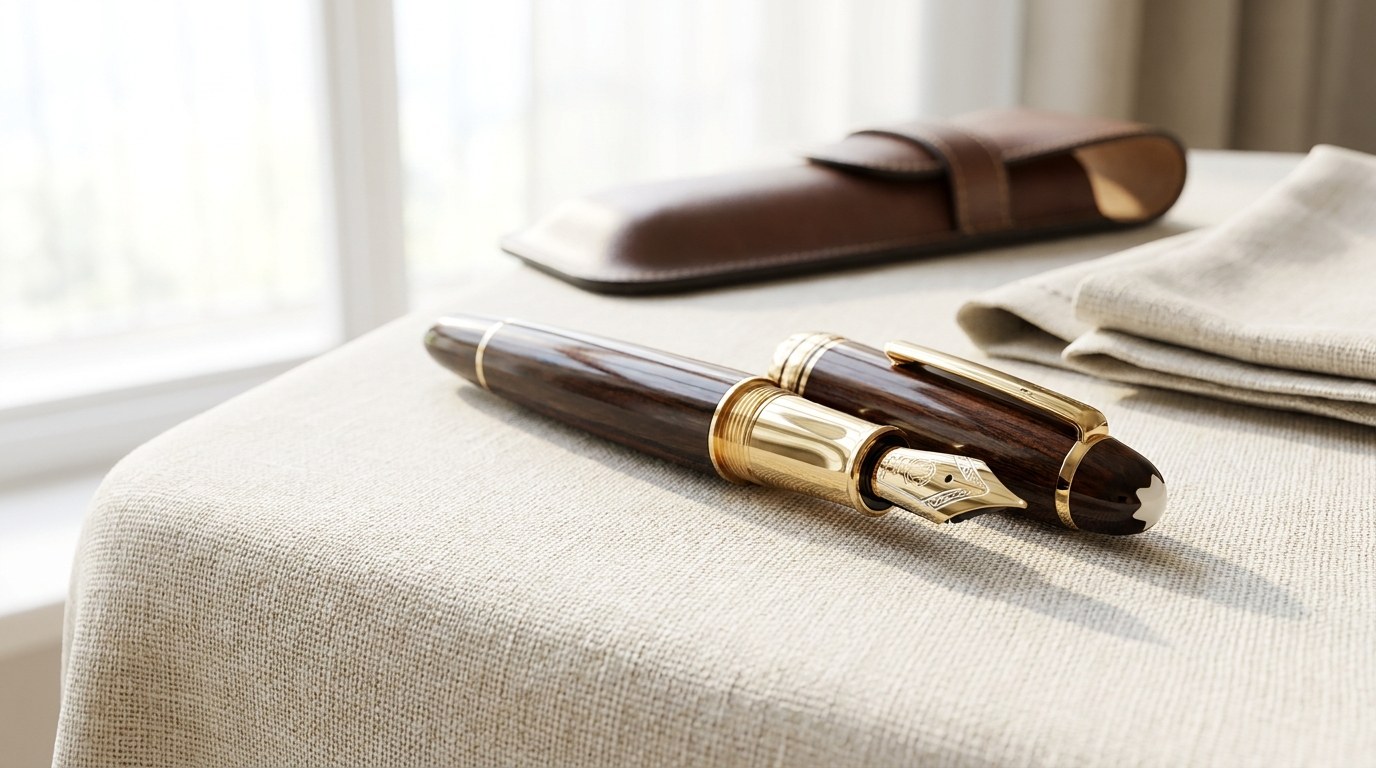 High-end product photography of a luxury fountain pen on cream linen background, soft natural light from window, shallow depth of field, ultra-detailed gold nib reflections, advertising aesthetic, hyper-realistic