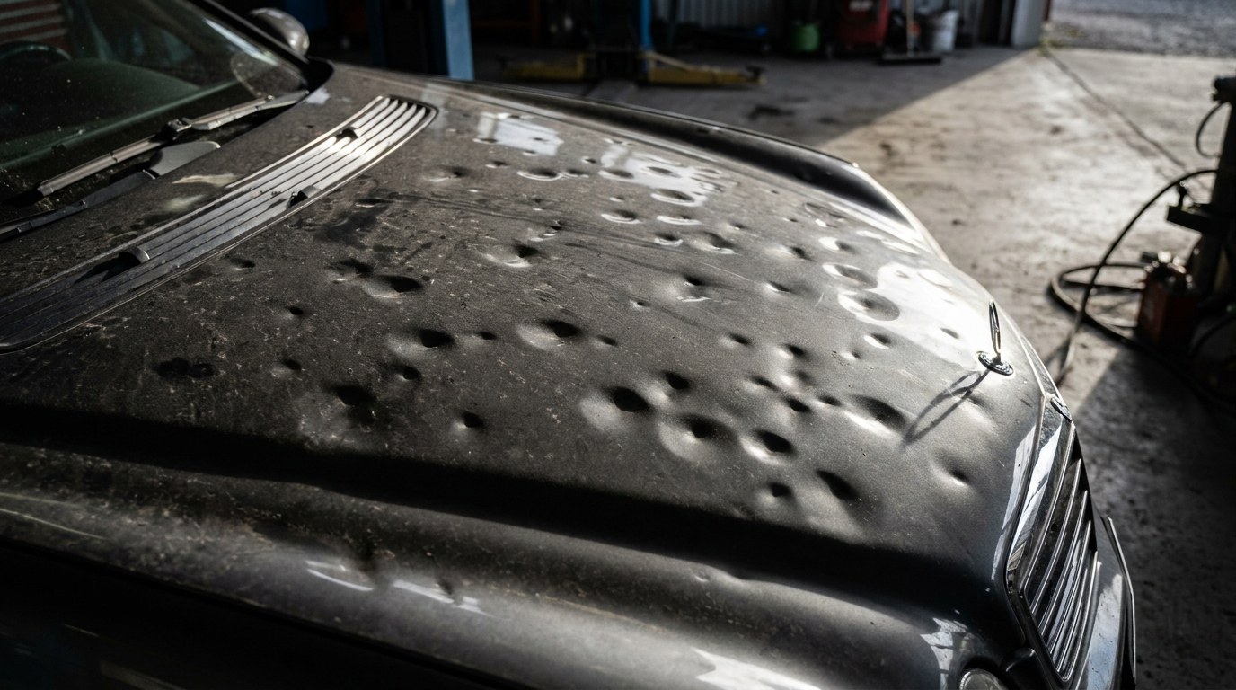 Extreme close-up photograph of a dark gray Mercedes-Benz E-Class car hood, viewed from a low angle, dramatic studio lighting on metallic paint, automotive editorial photography