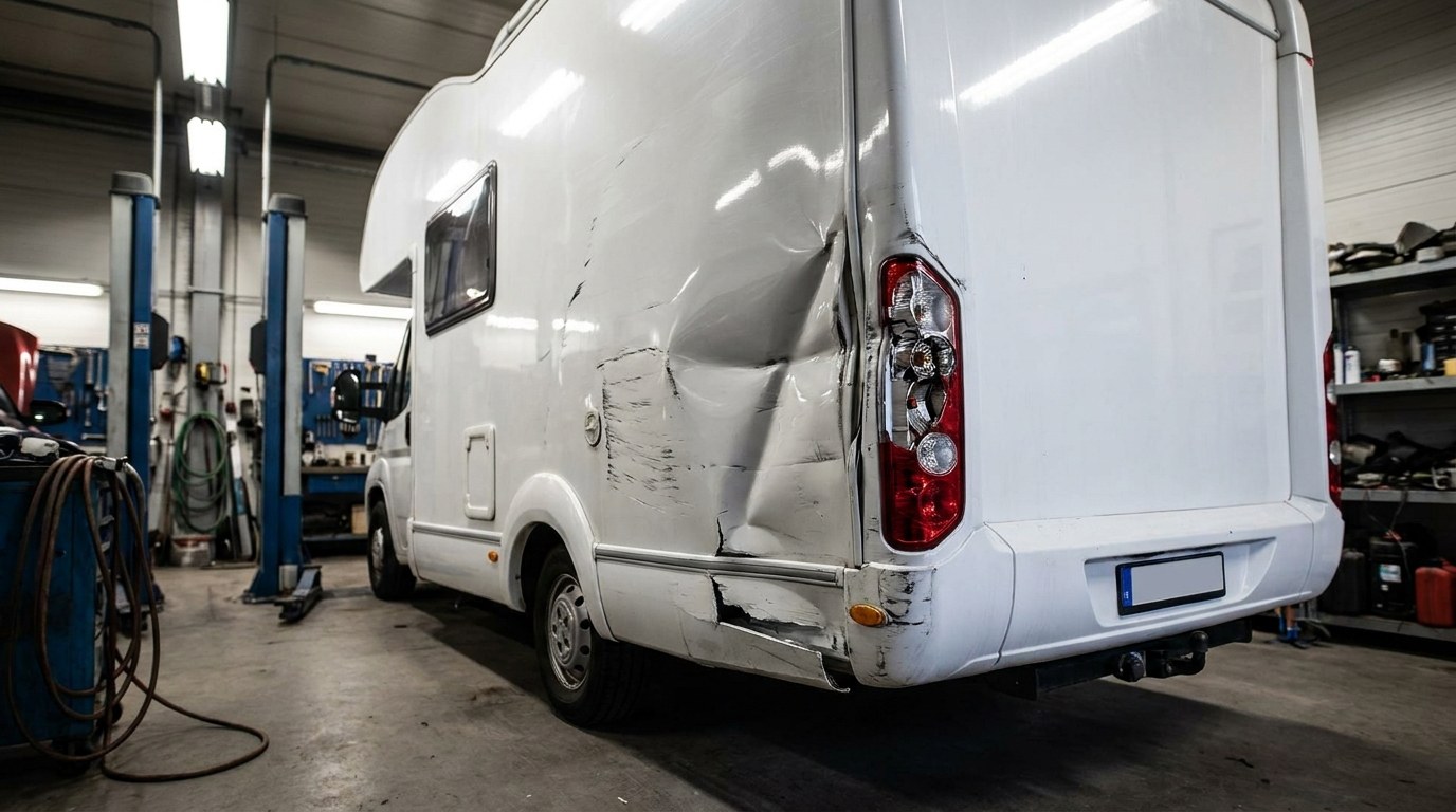 A white motorhome / caravan camper van parked in an auto body workshop, rear 3/4 view, technical workshop lighting, realistic automotive interior