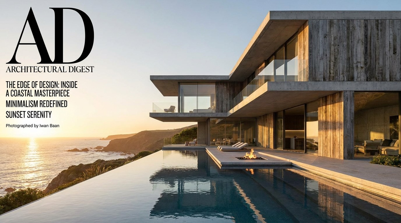 Architectural visualization: ultramodern minimalist villa with infinity pool overlooking sunset coastline, dramatic golden hour lighting, photorealistic 3D render, Architectural Digest cover style