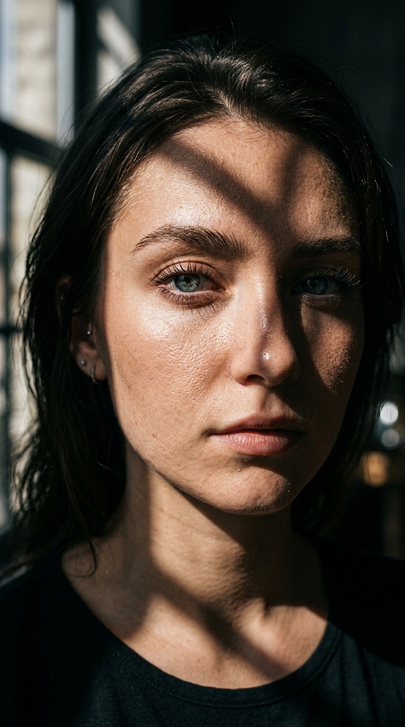 Editorial portrait: young woman with dark hair near a window, harsh directional sunlight casting cross-shaped shadows across her face, freckles and natural skin texture visible, dark t-shirt, moody fashion-magazine aesthetic, ultra-realistic detail