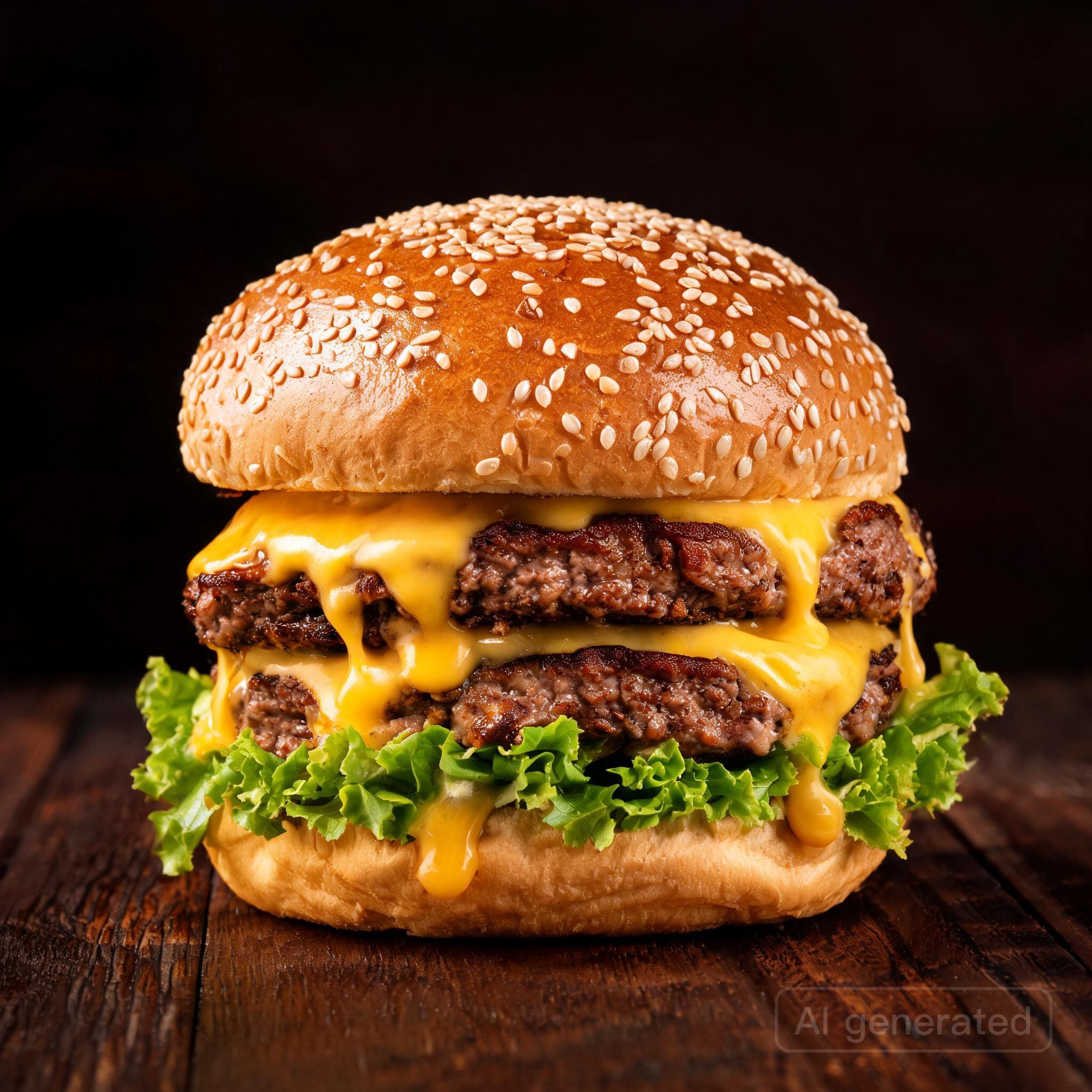 Gourmet double smash burger close-up, melted cheese dripping, sesame brioche bun, dramatic studio lighting on dark wooden table, food editorial