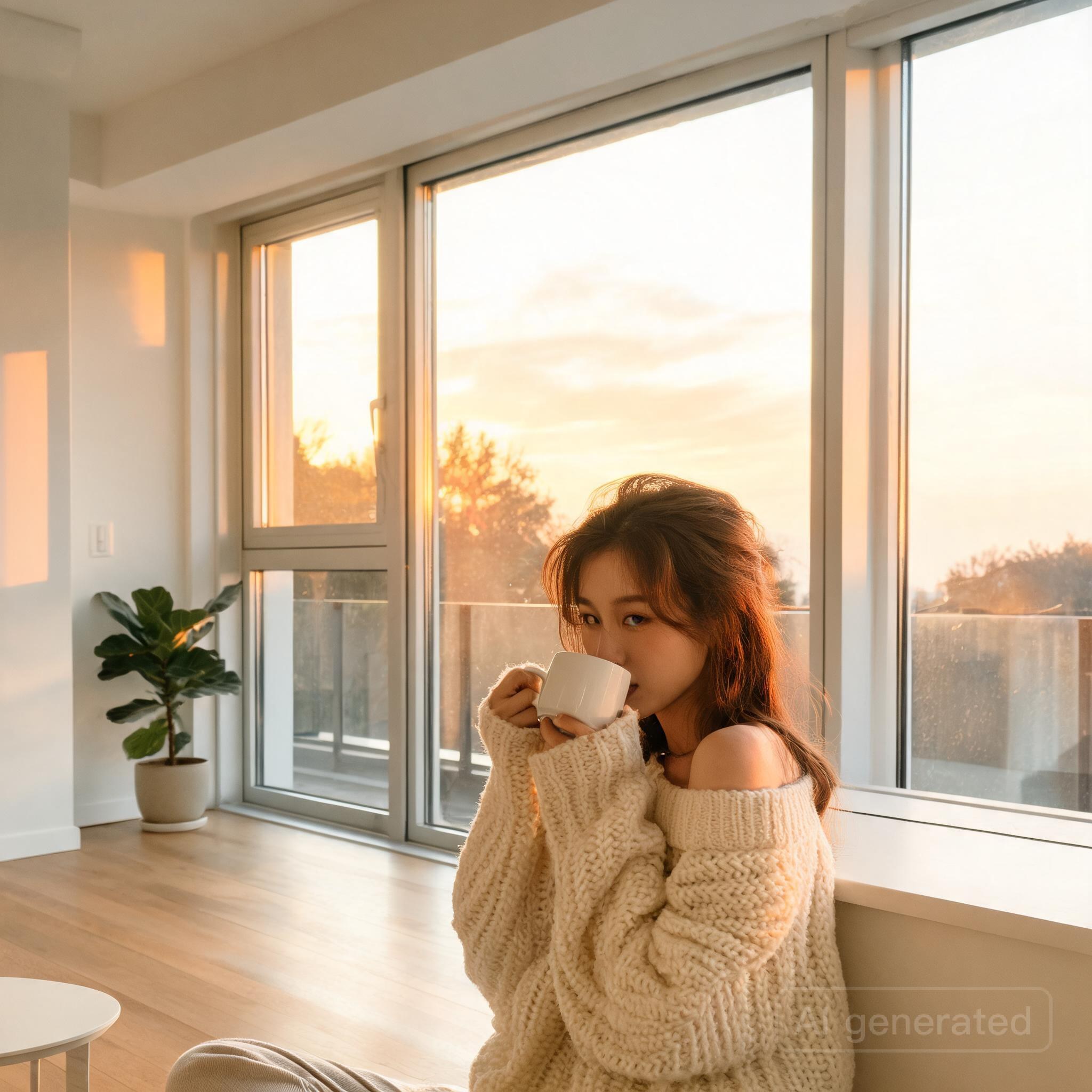 Young woman in oversized cream knit sweater drinking coffee by floor-to-ceiling window, golden hour soft light, candid lifestyle moment, fashion editorial