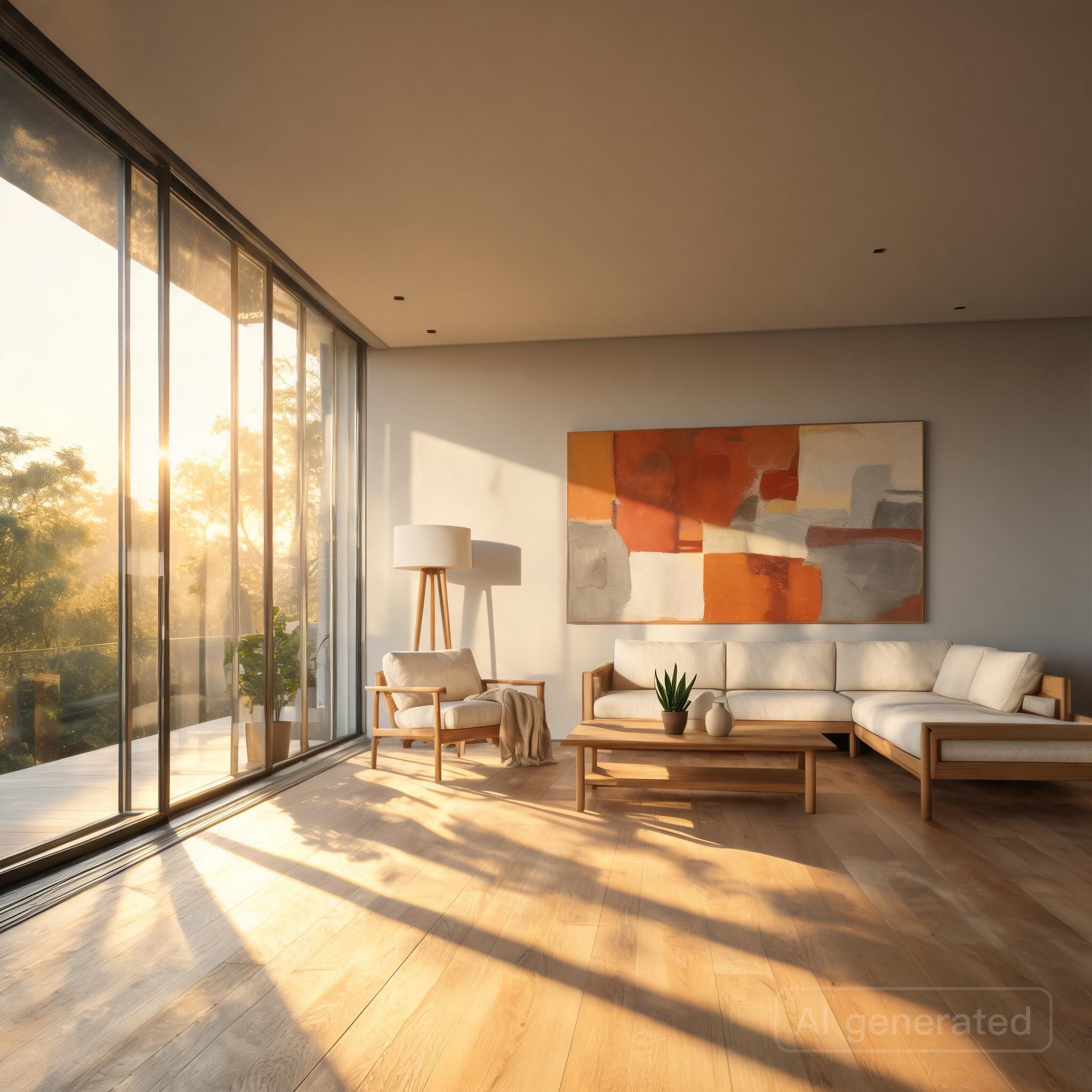 Modern minimalist living room with floor-to-ceiling windows, warm afternoon sunlight casting long shadows, mid-century furniture, abstract painting, Architectural Digest style