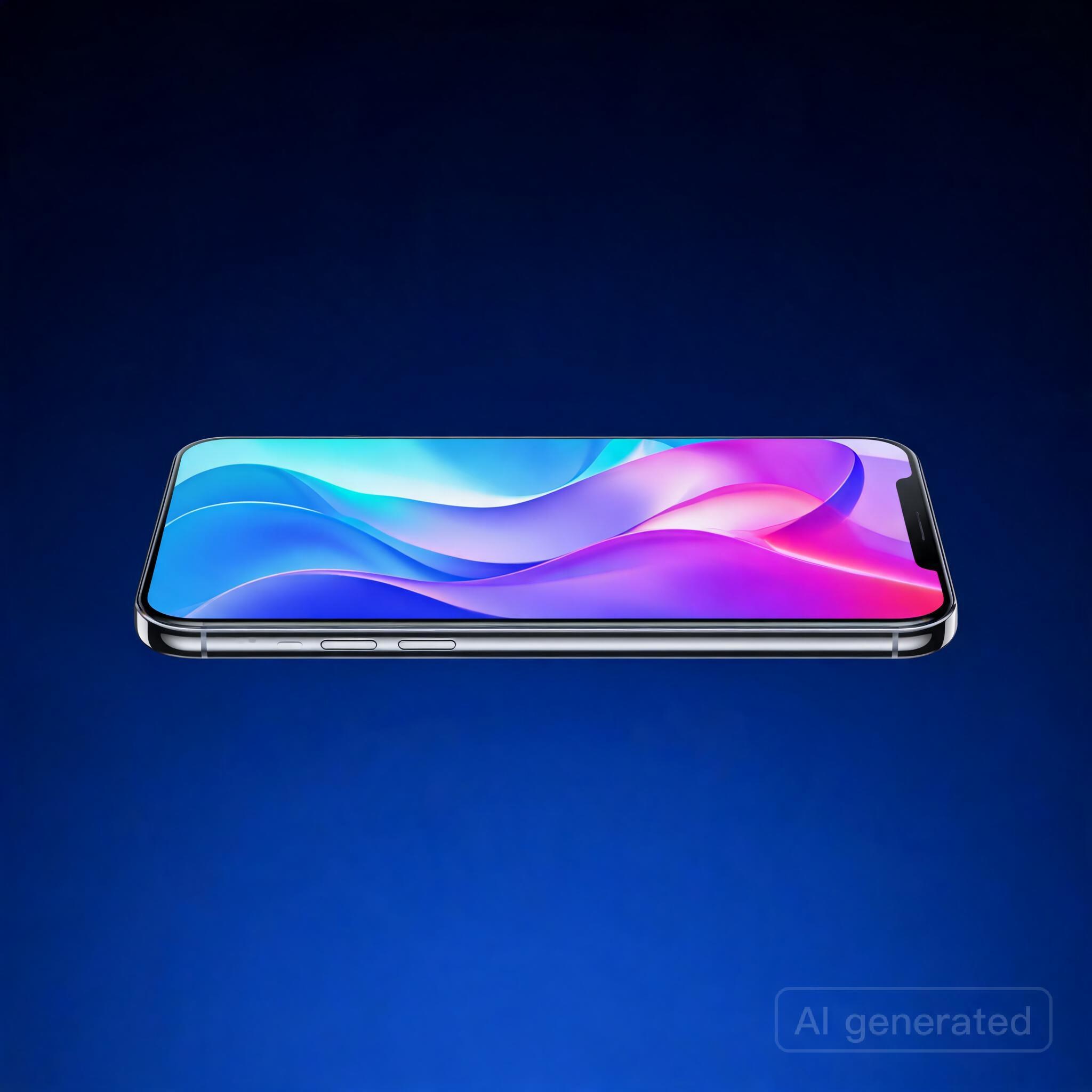 Modern flagship smartphone with vibrant gradient display showing abstract waves, floating on midnight blue background, premium tech aesthetic, glossy reflections