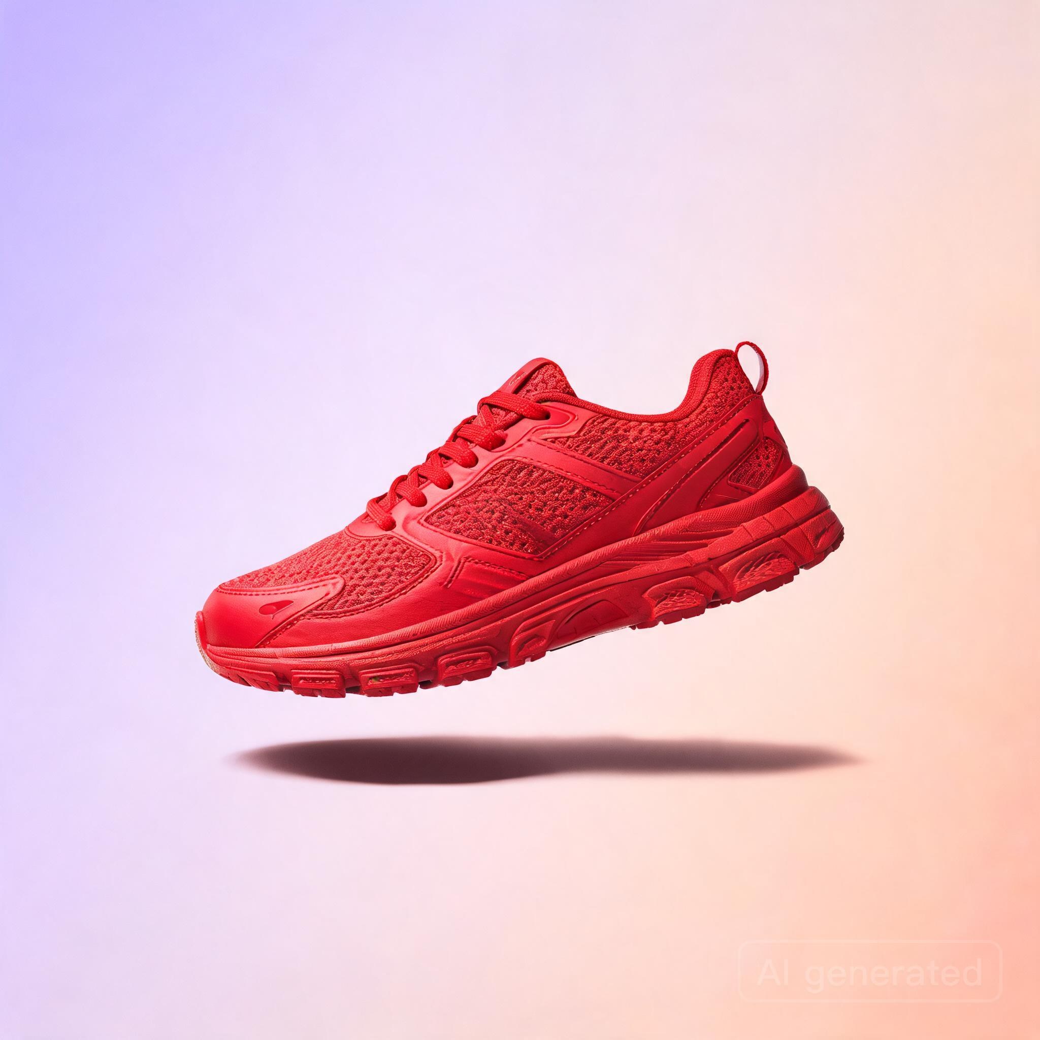Vibrant red running sneaker floating against soft pastel gradient background, studio product photography, dramatic side lighting, e-commerce hero shot