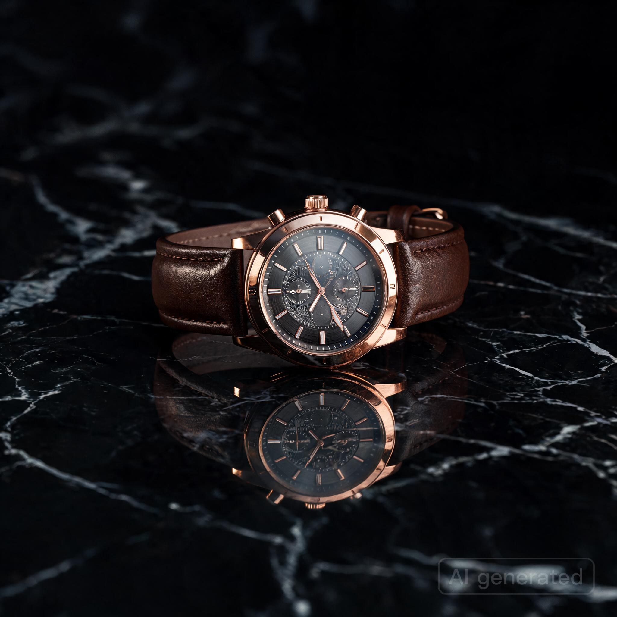 Seedream 5 Lite sample image: Premium leather watch on dark marble surface, soft cinematic lighting from above, ultra-detailed reflections, advertising photography, luxury brand aesthetic